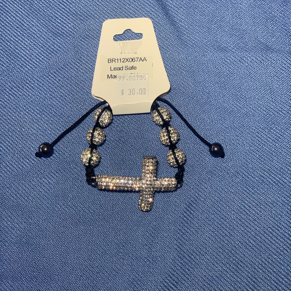 Crystaled cross braided bracelet adjustable